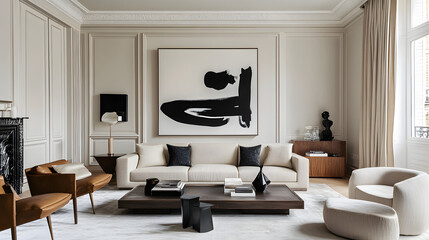 A monochrome living room with neutral furniture and a single abstract artwork, highlighting contrast and balance