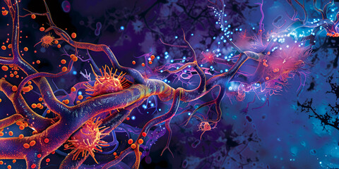 Obraz premium Abstract Neural Network with Glowing Synapses in Dark Blue and Orange Tones,