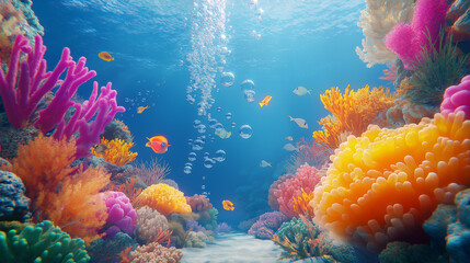 Naklejka premium A colorful underwater world with 2D coral reefs and 3D bubbles rising to the surface