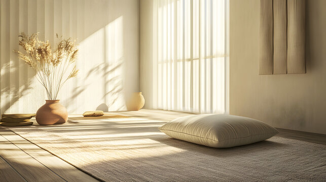 A serene meditation area with neutral tones, a single cushion, and soft natural lighting, promoting mindfulness