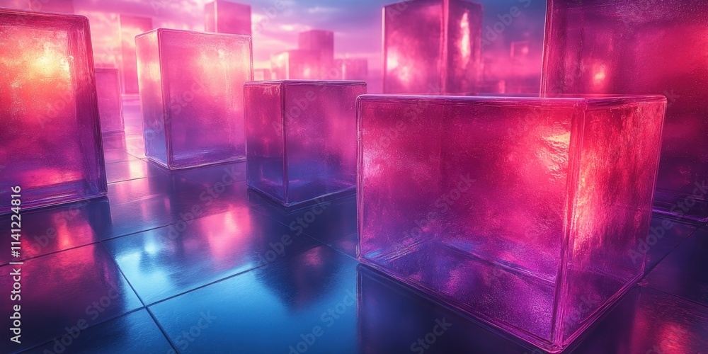 Poster futuristic abstract composition with transparent reflective cubes and soft light