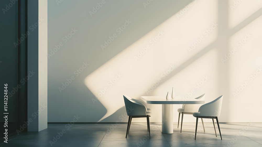 Poster A minimalist dining area with soft natural light, clean lines, and muted tones, evoking calm and order