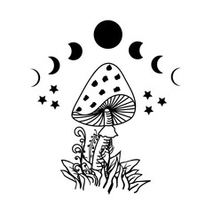 Celestial Mystical boho mushrooms, magic mushroom with moon and stars, witchcraft symbol, witchy esoteric objects, floral mystical elements fungi, fungus. Witchy tattoos. Esoteric clipart. Vector illu