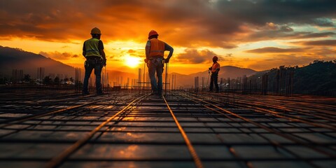 Workers on Construction Site at Sunset, Observing Tying Rebar, Scenic View of Landscape and Sunrise Sky in Background