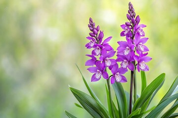 Fototapeta premium Delicate Orchid Blooms with Vibrant Purple Petals and Graceful Stems in Lush Greenhouse Setting