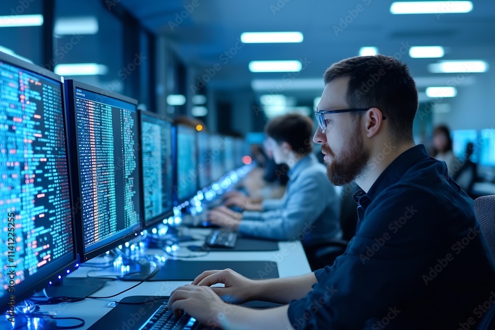 Poster futuristic data science lab with researchers analyzing complex data sets