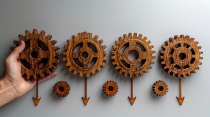Wooden gears being arranged with arrows showing connection.