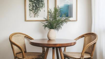 A small dining nook with two chairs and a round table, styled with a single vase holding fresh greenery