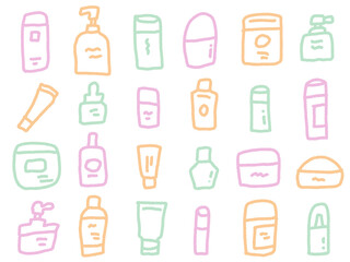 いたずら書き風のかわいいコスメや薬の容器のアイコンセット