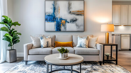 Fototapeta premium A modern living room with a gray sofa, a small coffee table, and an abstract painting, exuding understated style