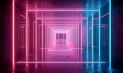 Glowing neon tunnel, pink and blue light.