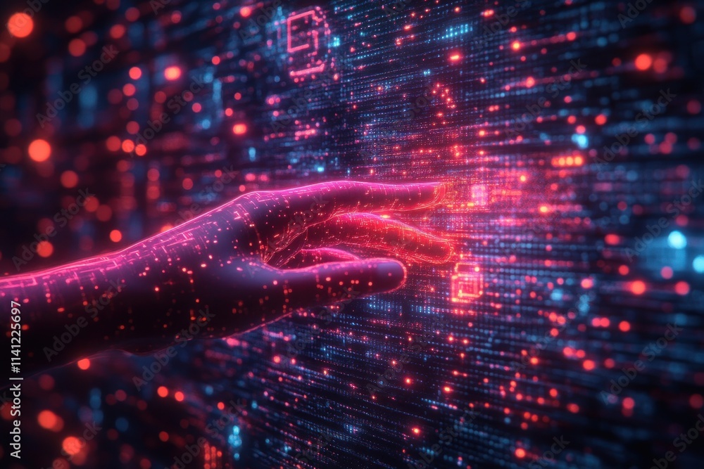 Poster hand interaction with glowing speech bubbles in futuristic digital landscape, cyberpunk style, commu