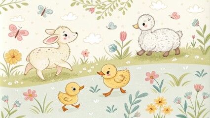 Whimsical farm animals frolicking in a floral meadow