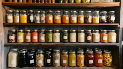 A neatly organized kitchen pantry with matching jars and labels, emphasizing order and function