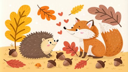 Fototapeta premium Adorable hedgehog and fox sharing a playful moment in autumn