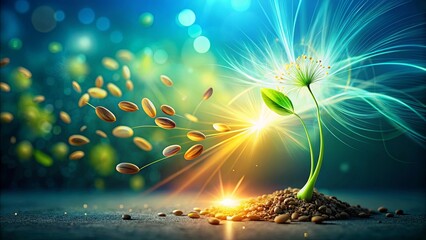 Seed dispersal  A radiant plant seedling emerges, scattering seeds in a burst of vibrant energy and light.