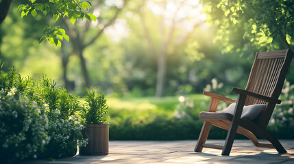 A serene patio with a wooden chair and a small side table, overlooking a green garden, styled for relaxation