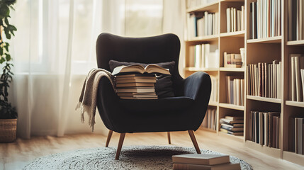 A cozy reading corner with a sleek black armchair, a soft rug, and a stack of neutral-colored books, promoting quiet reflection