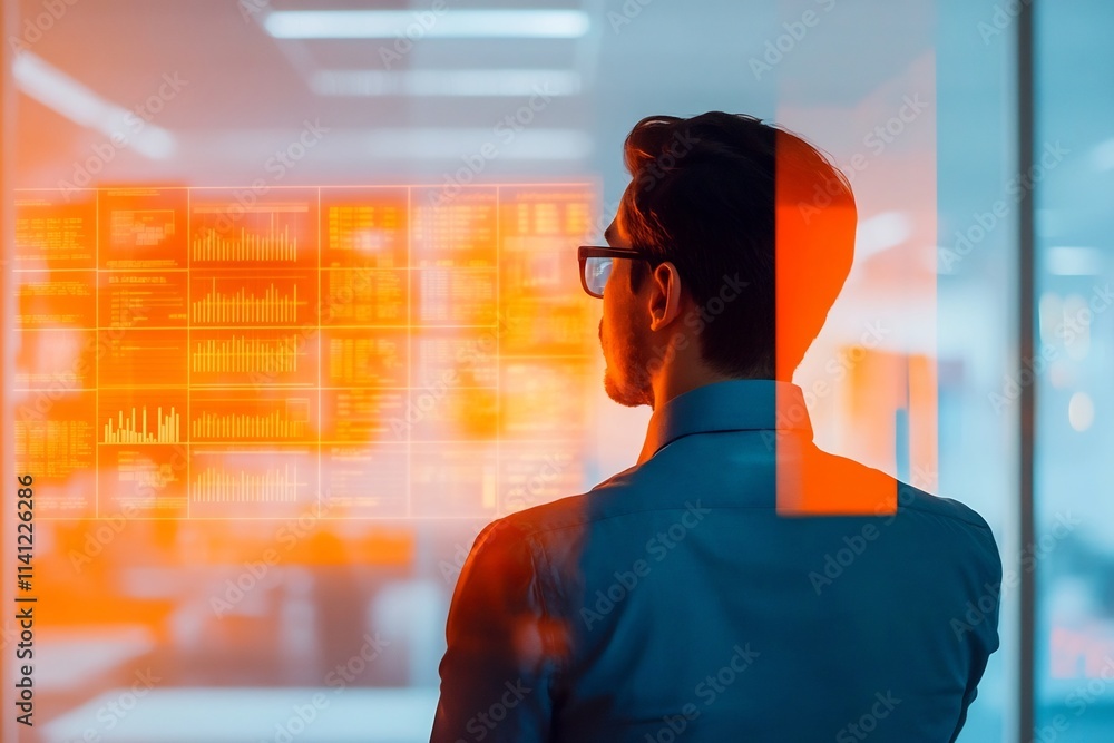 Poster silhouetted professional studying data analytics on computer screen in office