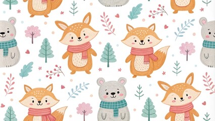 Obraz premium Cute woodland animals pattern with foxes and bears