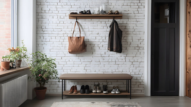 A minimalist entryway with a bench, a small coat rack, and a neat row of shoes, styled for practicality and style