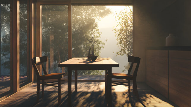 A serene dining area with a wooden table and two chairs, styled for mindful meals and intimate settings