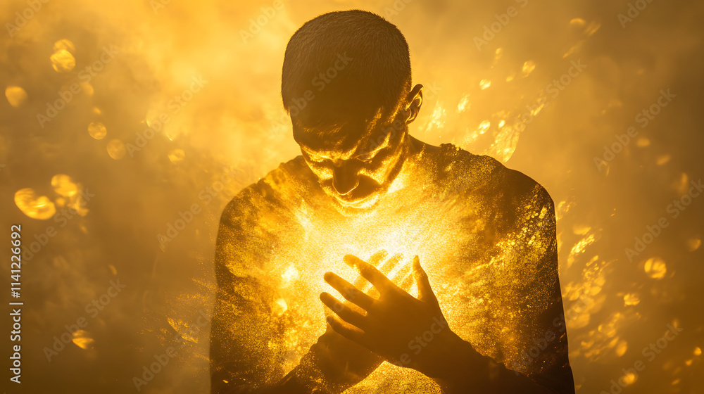 Poster a figure gripping their chest with both hands, golden light radiating faintly from within, represent