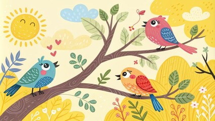 Obraz premium Colorful birds perched on a whimsical tree in sunny nature