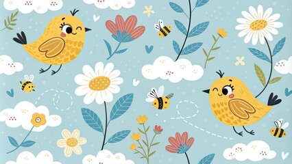 Obraz premium Whimsical birds and flowers in a cheerful spring scene