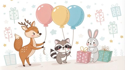Fototapeta premium Adorable woodland animals celebrating with balloons and gifts