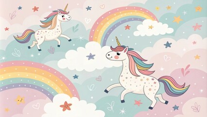 Whimsical unicorns frolicking among rainbows and clouds