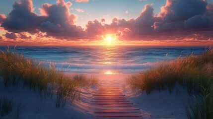 Naklejka premium Sunset Boardwalk Pathway to Serene Beach and Ocean with Vibrant Colors and Soft Clouds