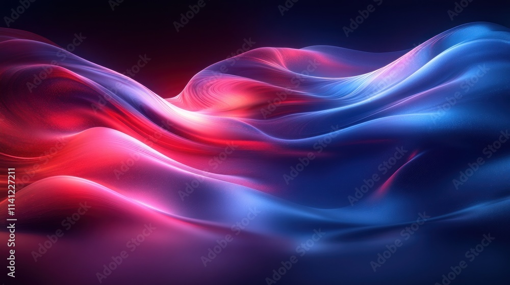 Poster vibrant abstract fluid shapes with blue and red flowing lines illuminated by light