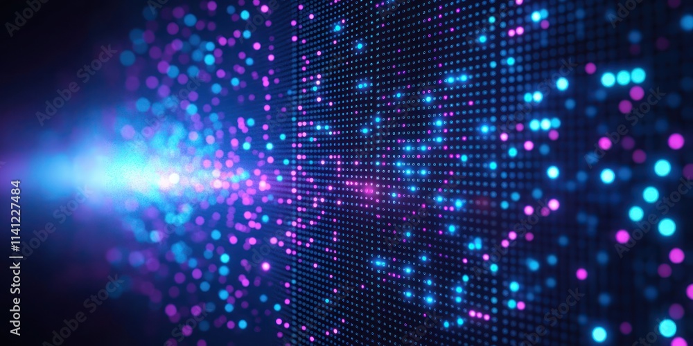 Poster abstract digital background with glowing blue and purple dots in a 3d grid pattern