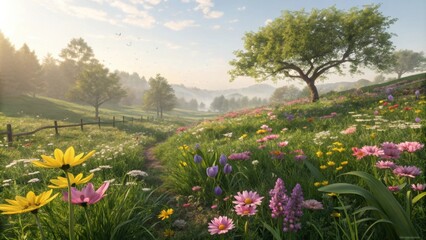 Obraz premium Serene spring landscape with blooming flowers and gentle hills