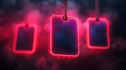 futuristic, glowing price tag hanging in a dark, neon-lit environment. The tag is translucent with a glowing red outline and appears to be made of a high-tech material