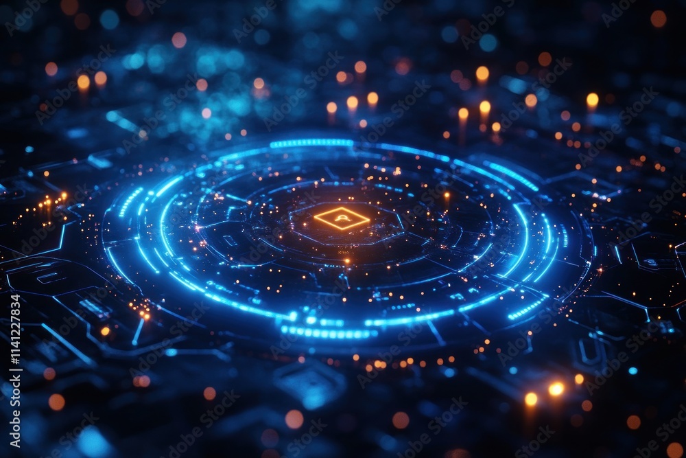 Aufkleber futuristic digital globe with neon blue hexagonal patterns and satellite orbits in deep space backgr