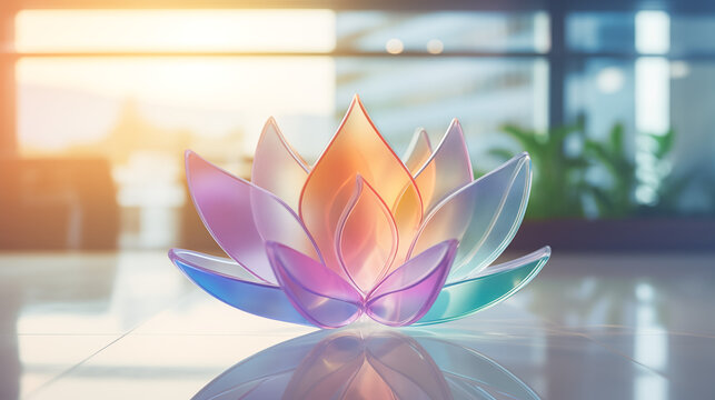Bright lotus logo made of glass in gradient colors on a white table