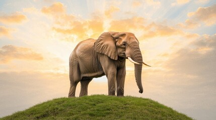 Fototapeta premium Protective Elephant Concept, Majestic Elephant Standing Proudly on Grassy Hill Under a Beautiful Sky at Sunrise or Sunset