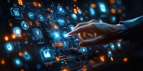 Futuristic Business Scene with Cybernetic Holographic Display and Hand Interaction