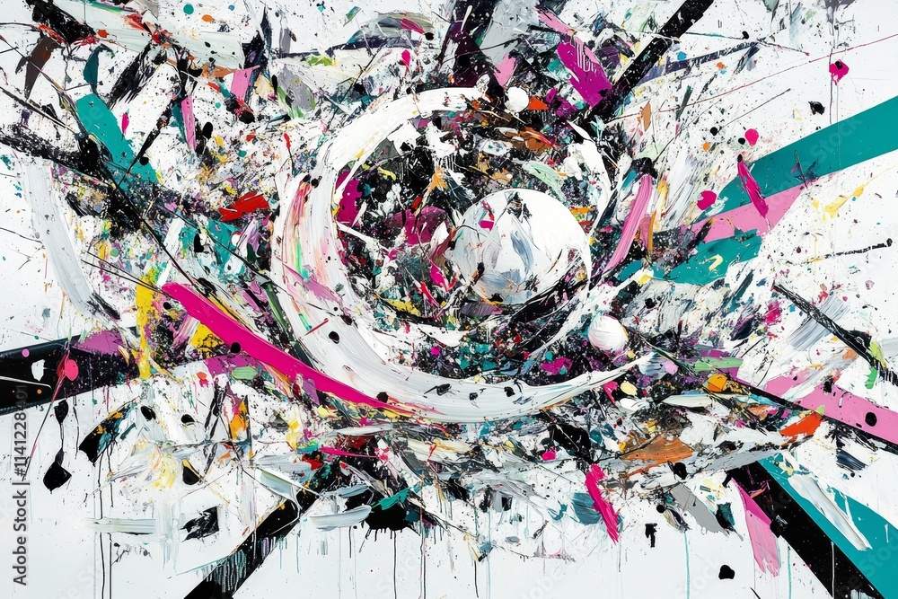 Poster dynamic abstract art with vibrant colors and bold brush strokes capturing movement and energy in a w