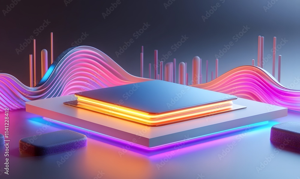 Poster glowing square platform with vibrant waves and shapes.