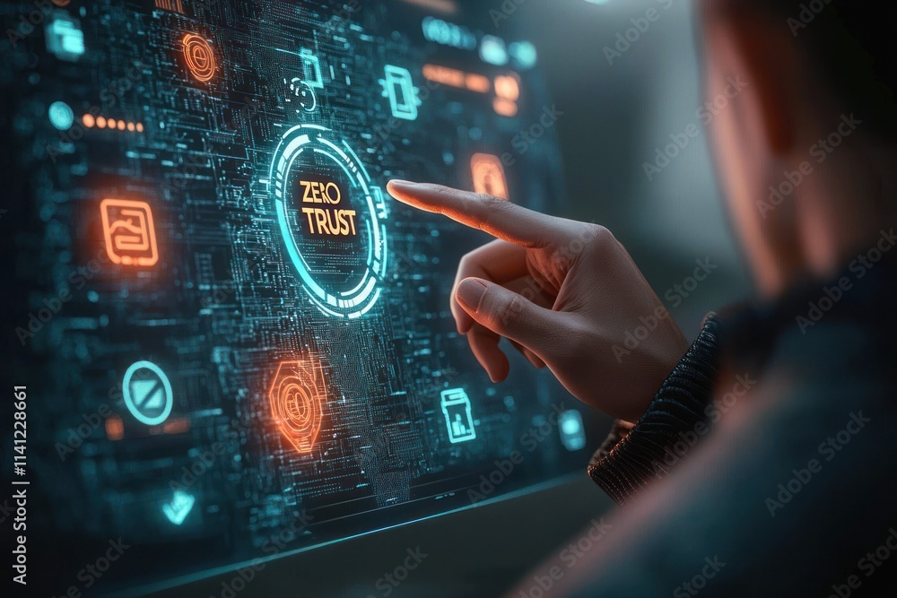 Poster cyberpunk digital art of person pointing at zero trust icon for advanced security in technology