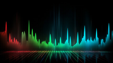 The spectrum of sound frequencies displayed on a black LED screen, bright colored bands of green, blue and red colors