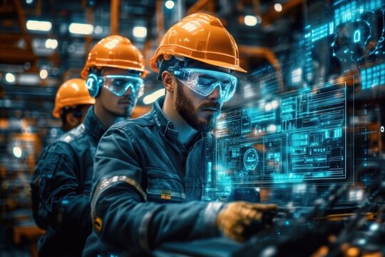 Futuristic Industrial Scene with Construction Workers in Cyberpunk Setting Featuring Holographic Technology and Teamwork in Manufacturing Environment