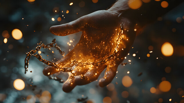 A close-up of a trembling hand letting go of a broken chain, glowing fragments falling to the ground
