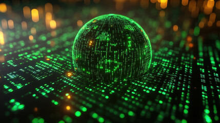 glowing digital globe surrounded by binary code and green light patterns
