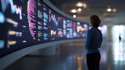 Woman reviewing data on a large curved display.