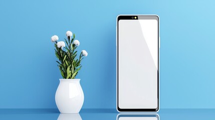 A white phone is sitting in front of a vase of flowers