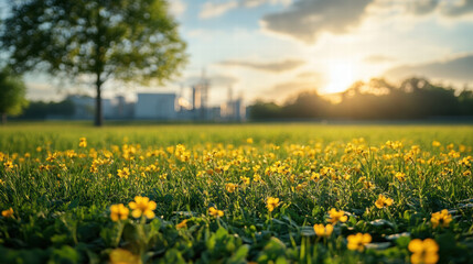 Obraz premium serene landscape with yellow flowers and sustainable manufacturing facility in distance